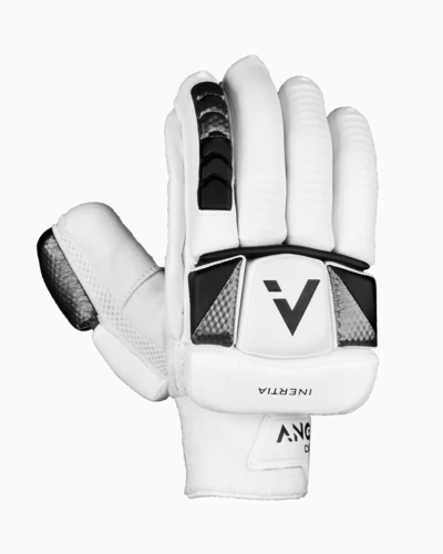 Premium ANGLAR cricket batting glove in white with black details.