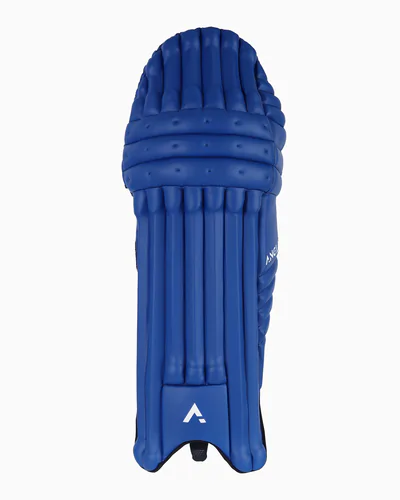Front view of blue ANGLAR cricket batting pad with protective ridges