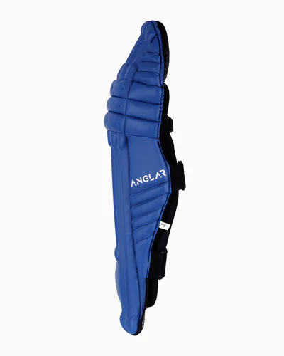 Profile view of blue ANGLAR cricket batting pad with straps